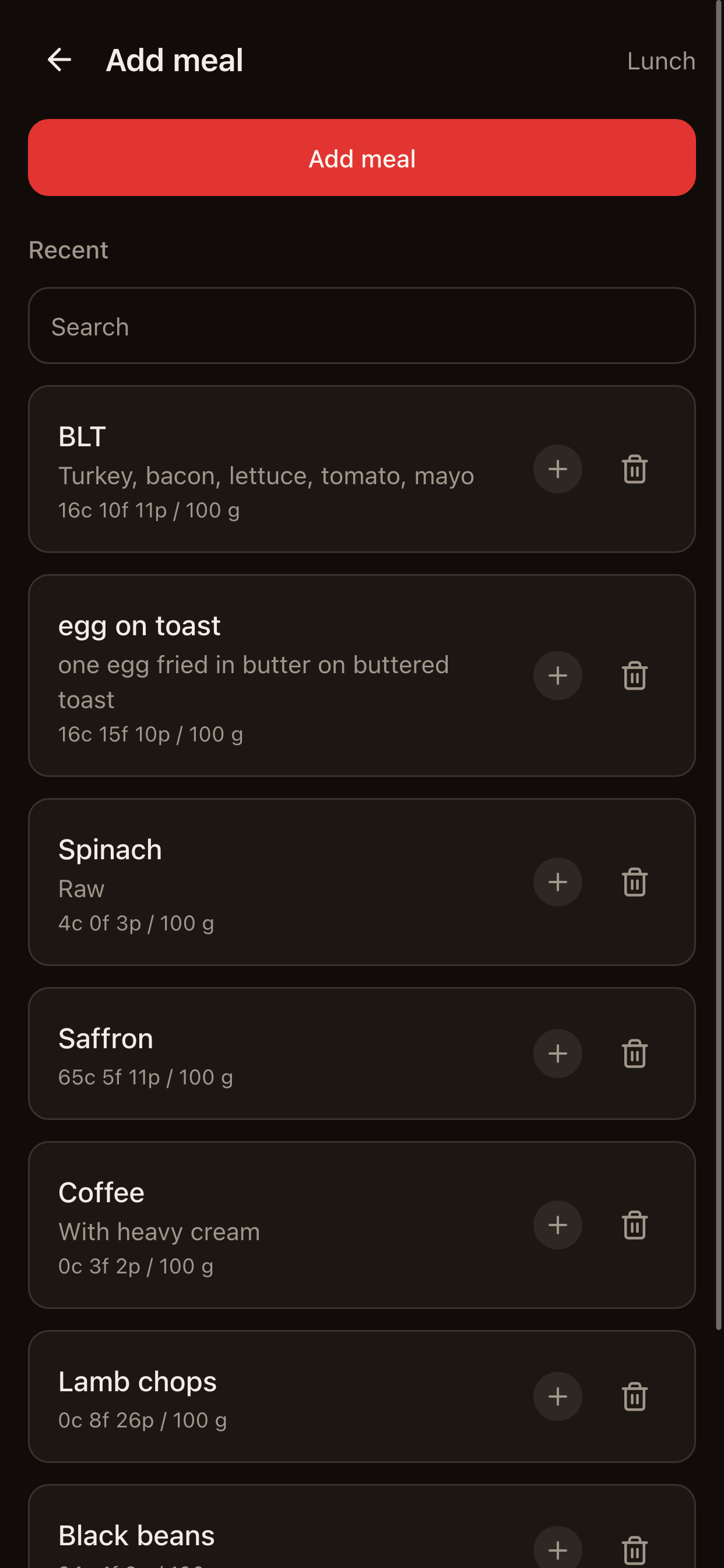 Recent Food & Activity List